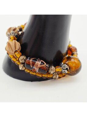 Amber & Brown Bead Bracelet Glass & Wood Beads Toggle Clasp Closure 2 Strand 8.5